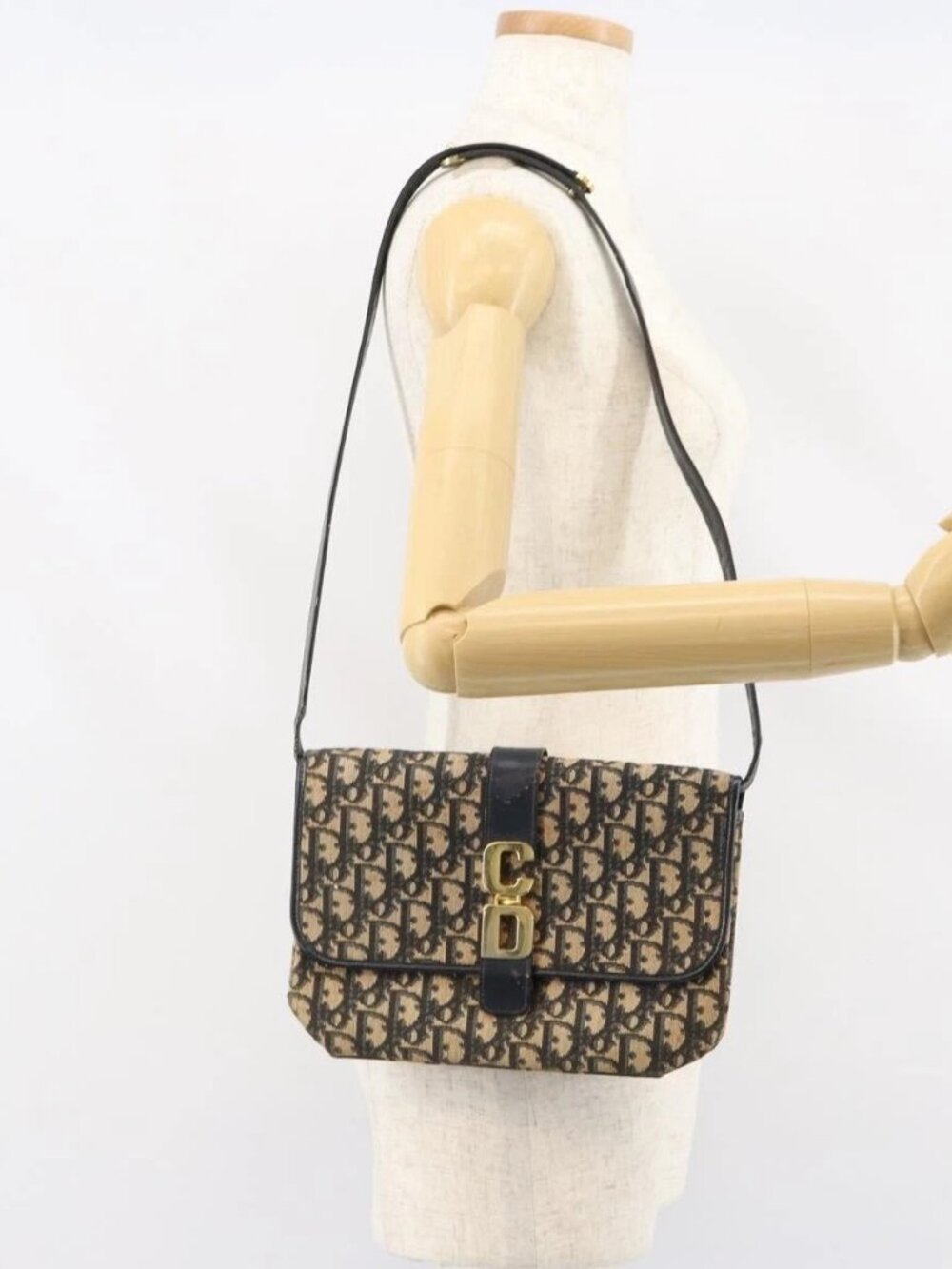 Christian Dior Trotter Canvas Shoulder Bag Navy Gold Auth 158813